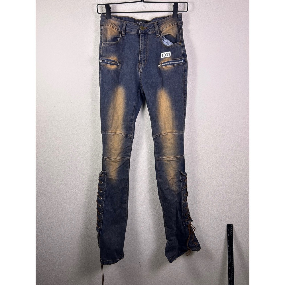 Fashion Nova Womens Moto Skinny Jeans Blue Lace Up Leg Zipper Detail Size 7